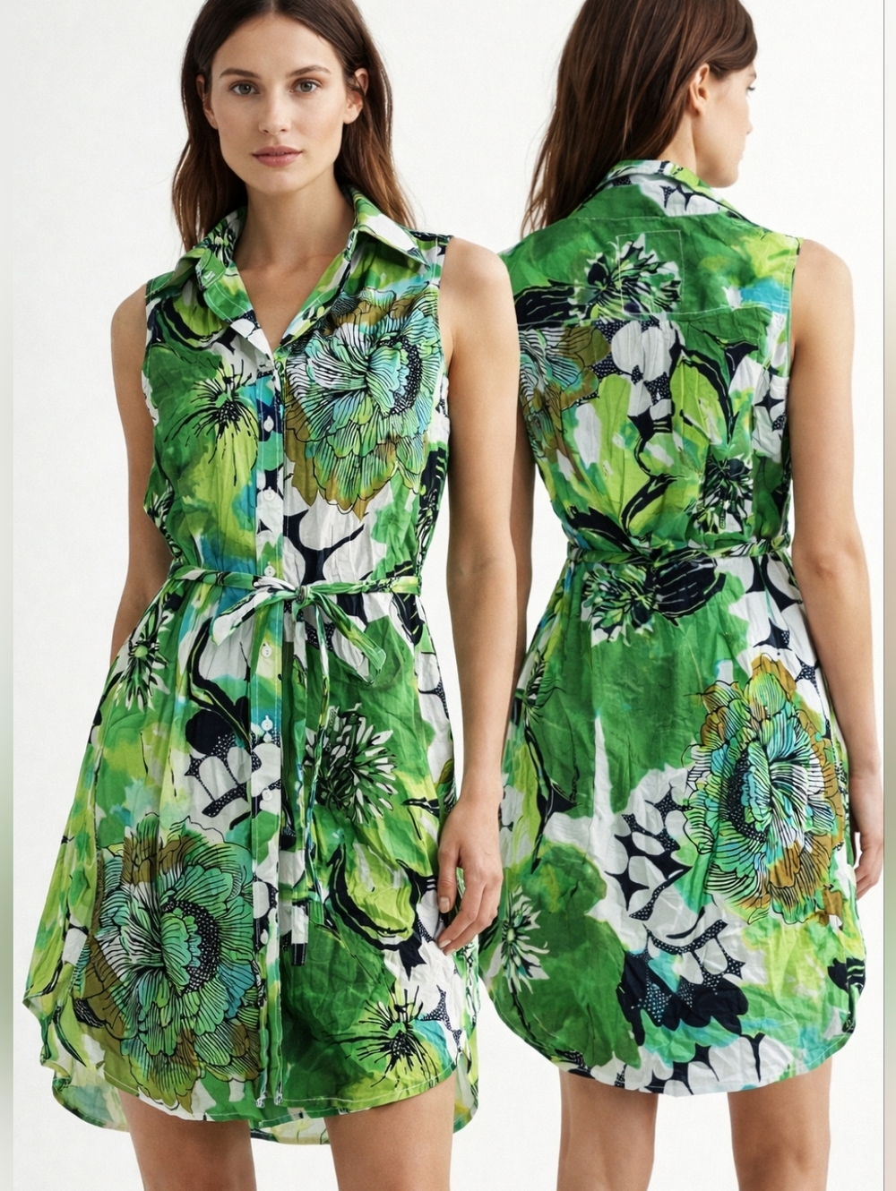 Nwt Cino Floral Tahiti Crinkle Cotton Shirt Dress Sleeveless Button-Down Belted